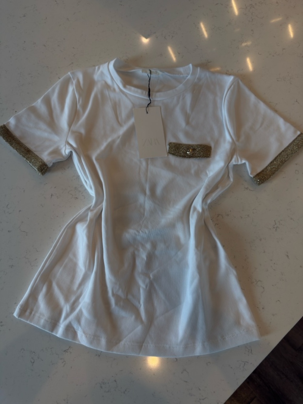 Zara White Short Sleeve Top with Gold Trim